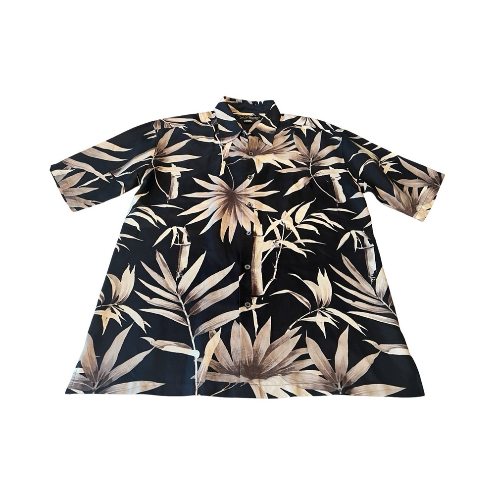 Tori Richard Mens Black Tan 100% Silk Bamboo Palm Hawaiian Aloha Shirt‎ Large